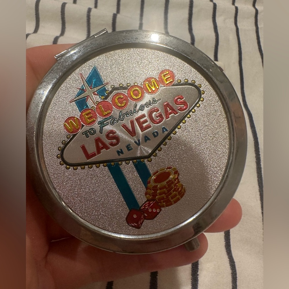 Vintage Las Vegas Compact Mirror - Glitter Silver with Red & Teal Accents